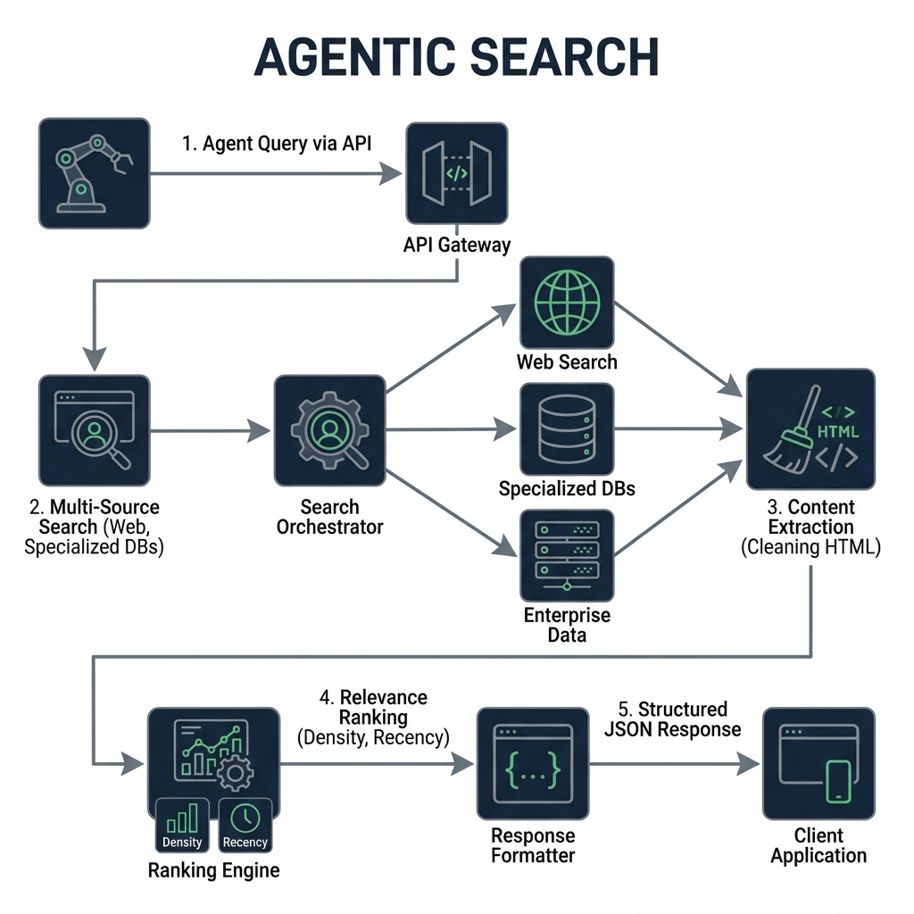 Agentic search technical architecture diagram showing AI agent query to structured data response