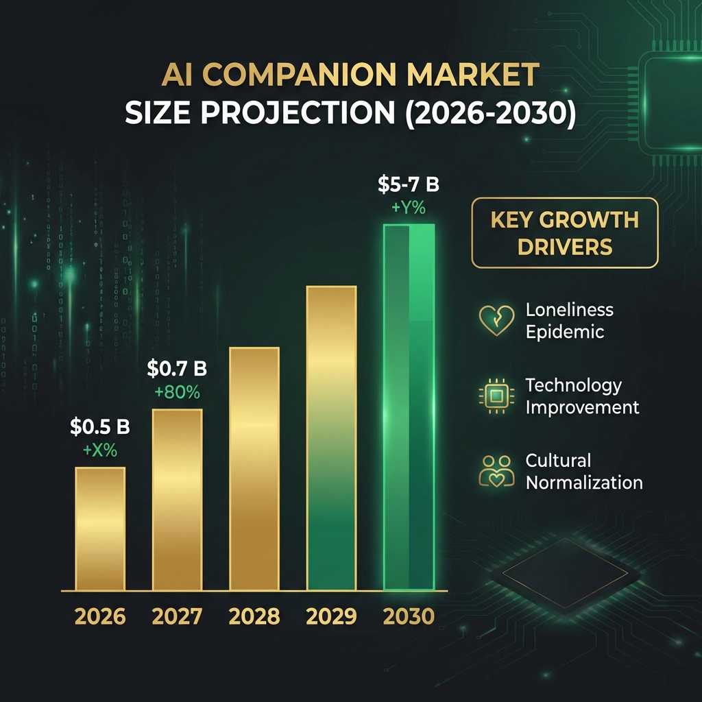 AI companion market size projection 500 million to 5 billion dollars 2026 to 2030