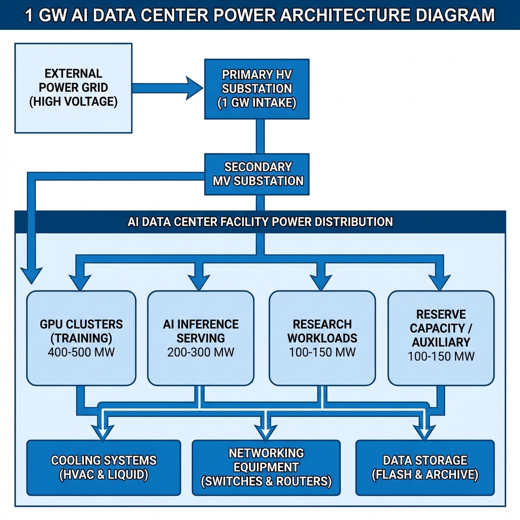 AI data center technical architecture diagram showing 1 gigawatt power distribution across GPU clusters
