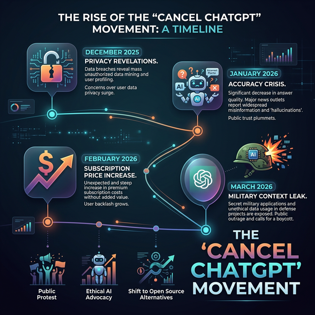 Cancel ChatGPT movement timeline December 2025 to March 2026 showing events that drove users to Claude
