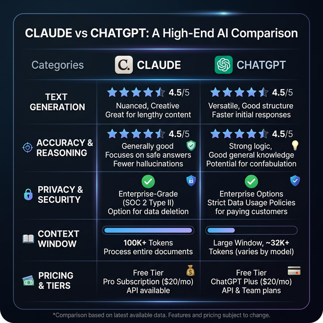 Claude versus ChatGPT detailed feature comparison showing performance capabilities pricing privacy differences 2026