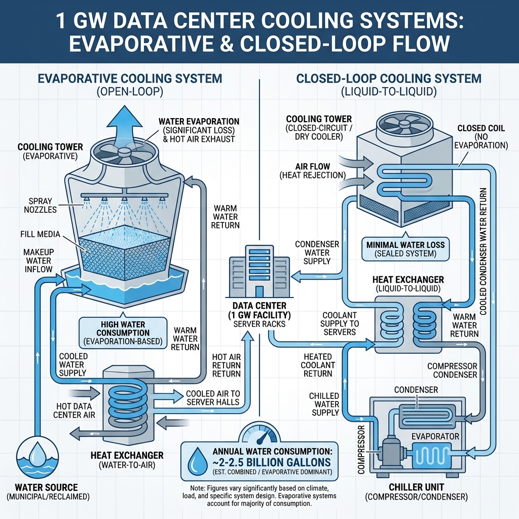Data center cooling systems diagram showing water and energy requirements for 1 gigawatt facility