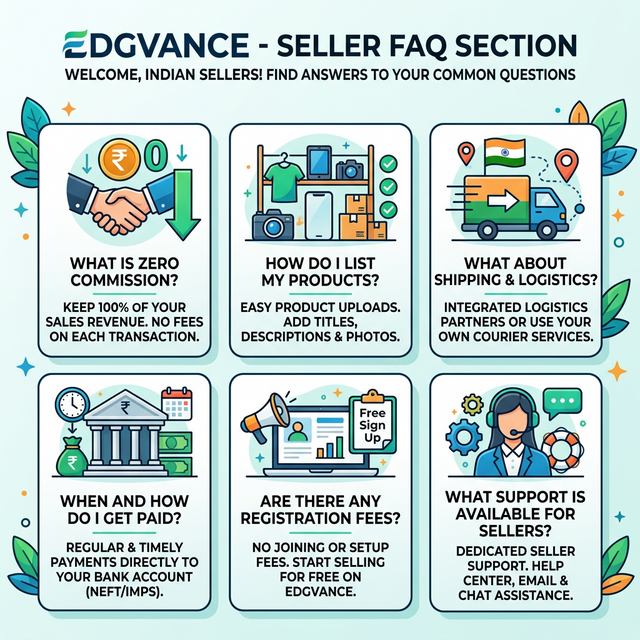 Visual FAQ section showing common questions and answers for sellers joining Edgvance zero commission ecommerce platform India.