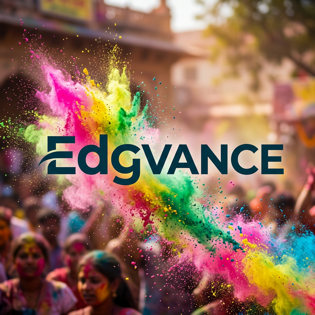 Edgvance zero commission ecommerce platform India launch logo with vibrant Holi festival colors splash celebrating seller profits.
