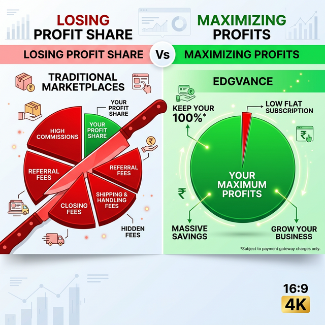 Comparison chart showing profit increase on Edgvance vs traditional platforms for Indian sellers using zero commission model.
