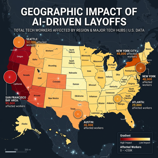 Geographic impact map showing AI driven layoffs concentration across major US tech hubs and affected communities