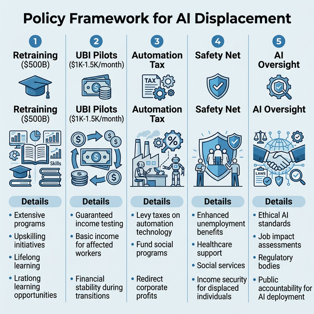 Government policy framework for addressing AI job displacement showing retraining UBI automation tax safety net oversight