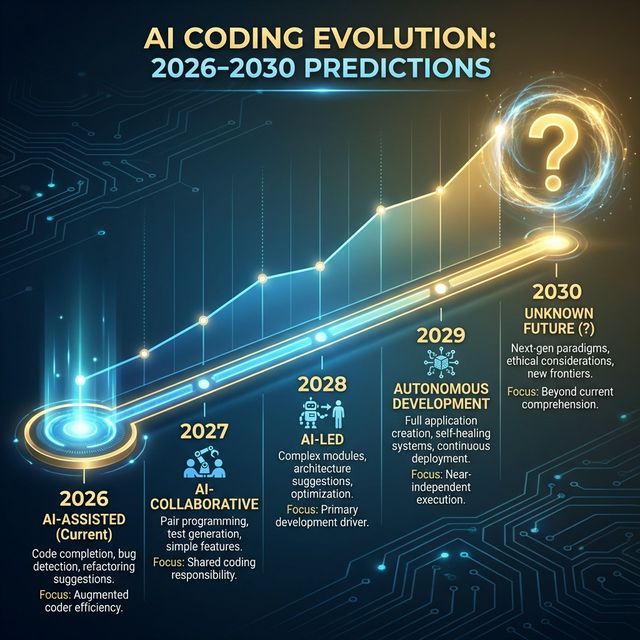 AI coding future predictions timeline 2026 to 2030 showing progression toward autonomous development