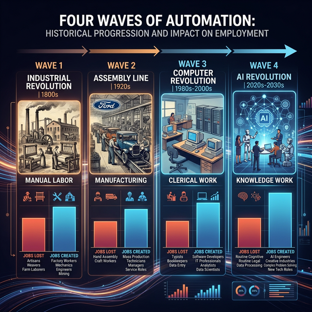 Historical automation waves comparison showing industrial revolution assembly line computer AI impact on workforce displacement