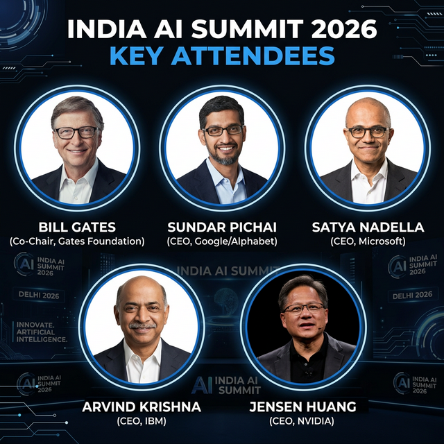 India AI Summit 2026 key attendees Bill Gates Sundar Pichai Satya Nadella Jensen Huang Arvind Krishna tech leaders