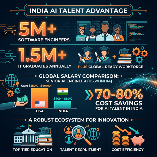 India AI talent advantage infographic 5 million engineers salary comparison US vs India 70-80 percent cost savings