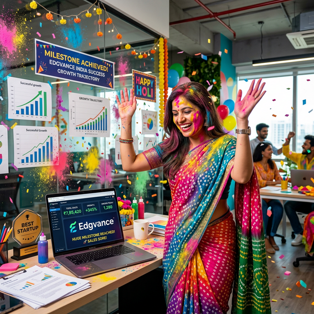 Successful Indian woman entrepreneur celebrating sales on Edgvance zero commission ecommerce platform India.