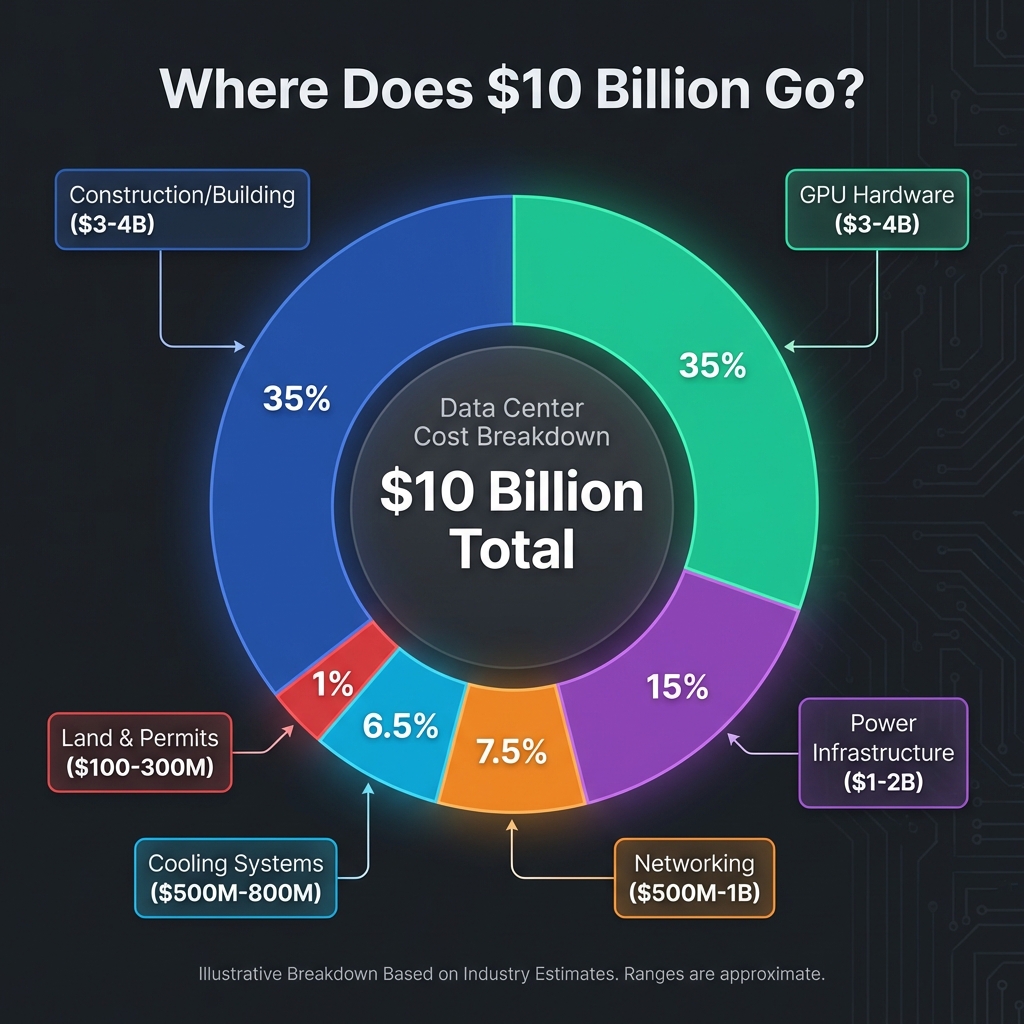 Meta 10 billion dollar AI data center cost breakdown showing allocation across construction categories
