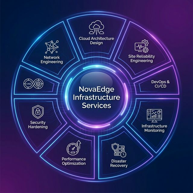 NovaEdge Digital Labs infrastructure services diagram showing offerings including cloud architecture SRE DevOps monitoring disaster recovery performance and security