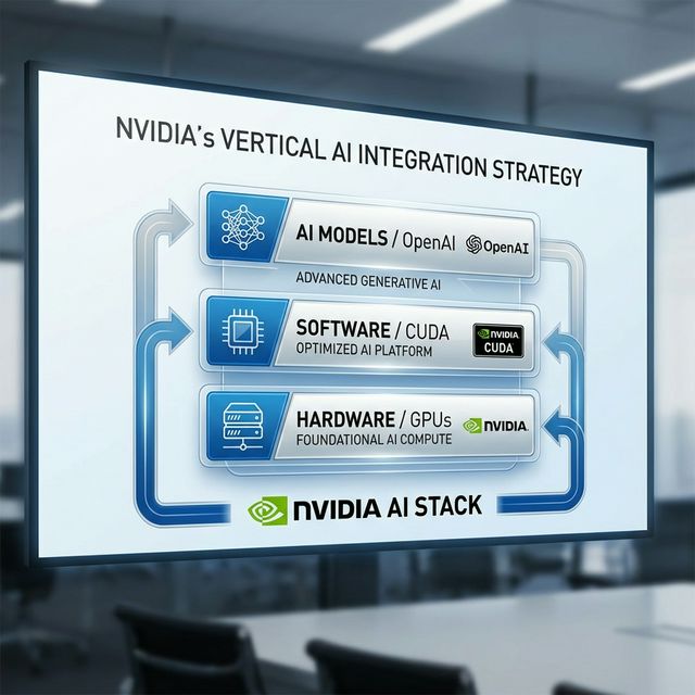 Vertical integration strategy diagram showing Nvidia controlling chip layer plus AI model layer creating platform monopoly