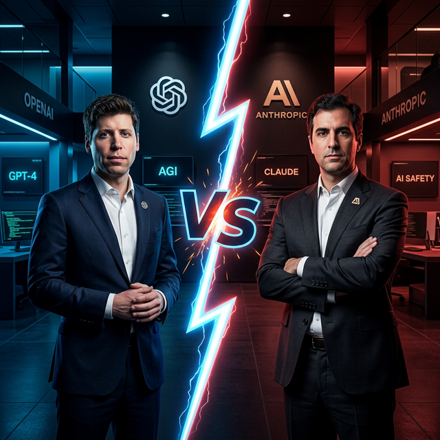OpenAI CEO Sam Altman versus Anthropic CEO Dario Amodei rivalry split screen comparison AI competition 2026