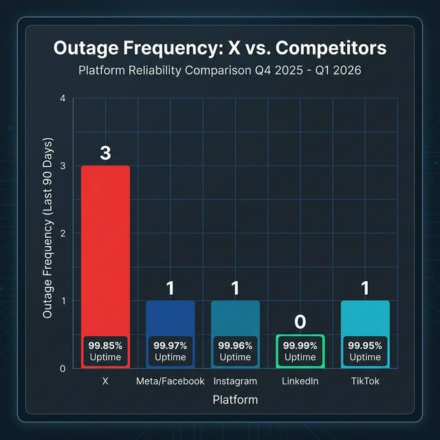 Bar chart comparing outage frequency between X Twitter and competitors showing X with 3 outages versus competitors with 0 to 1 outages