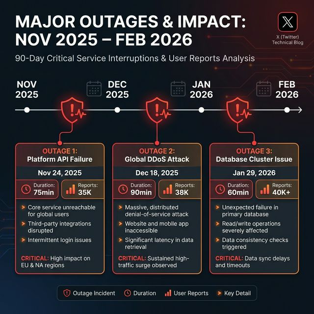 Timeline infographic showing three major X Twitter outages from November 2025 to February 2026 with duration and report counts
