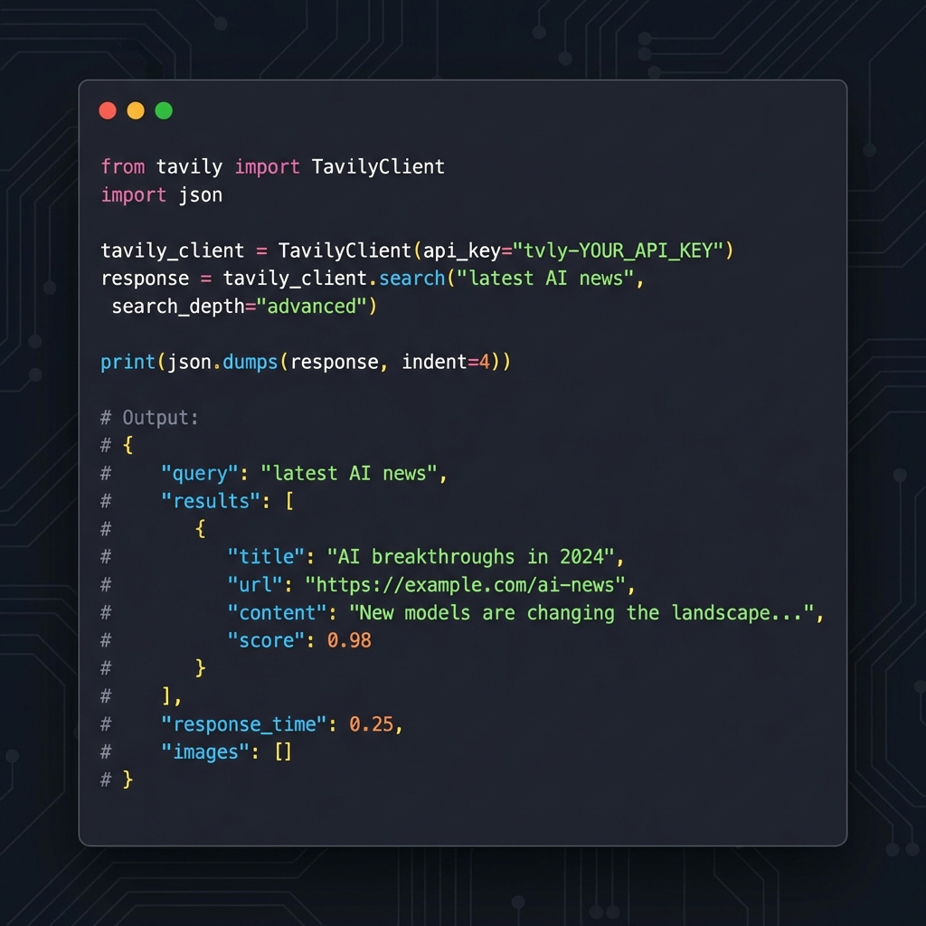 Tavily agentic search API code example integration for developers